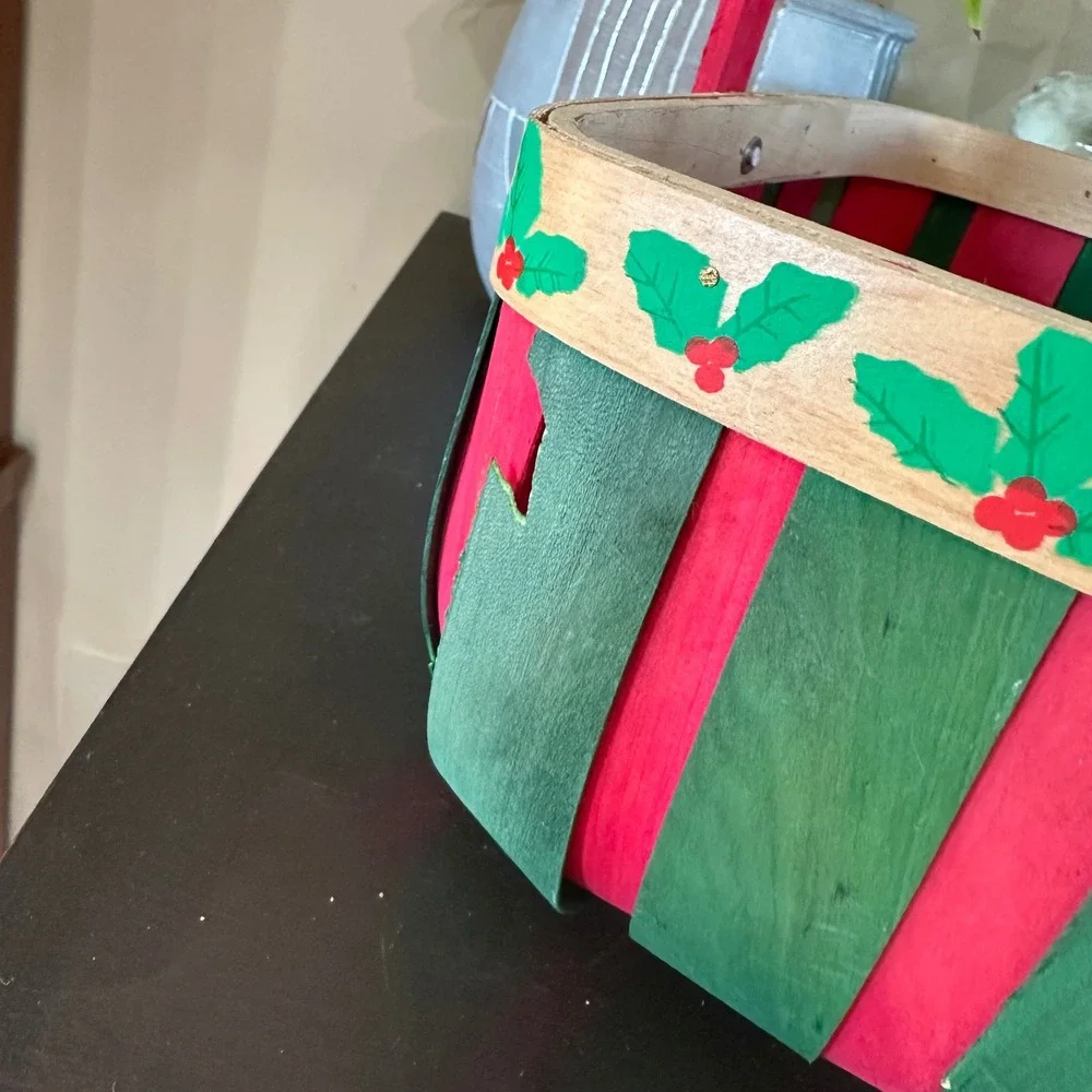 VTG Christmas Woven Wood Basket Red Green Stripe Holly Decor Cottagecore Country